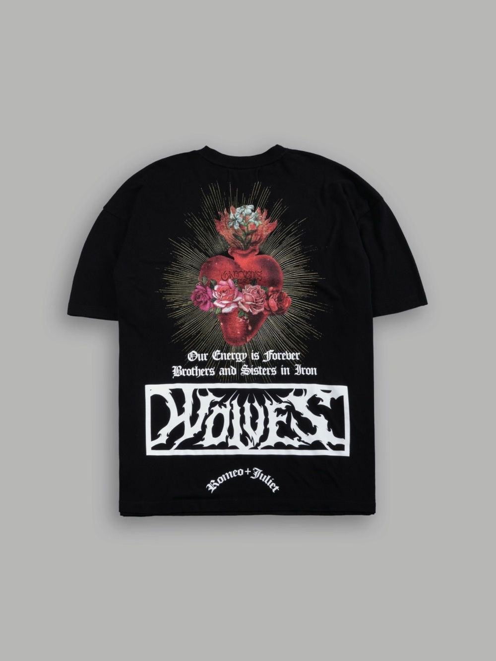 Darc Sport Black Tee with Red Floral Sacred Heart Back Graphic